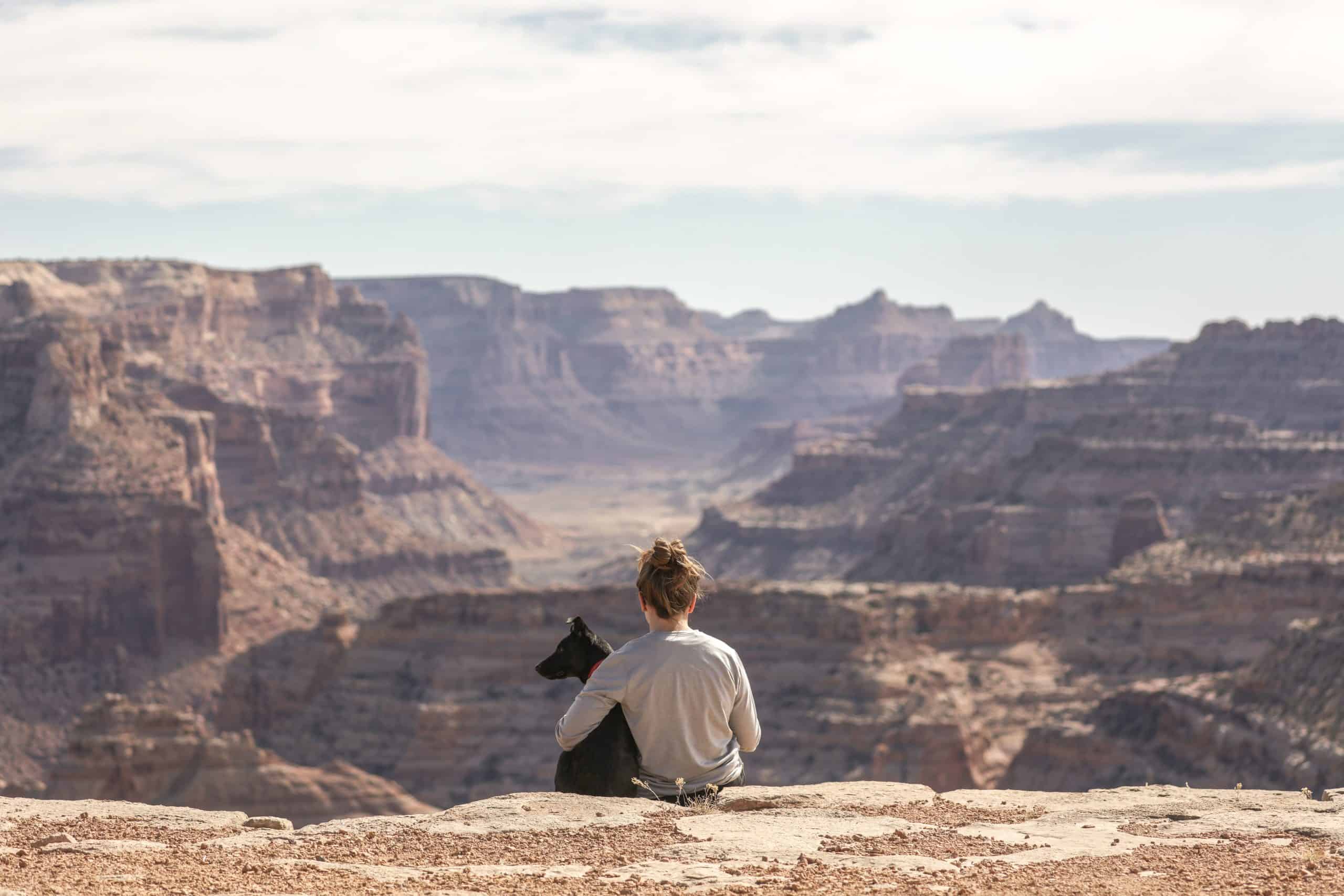 A person sits on a bluff with their dog overlooking the Grand Canyon